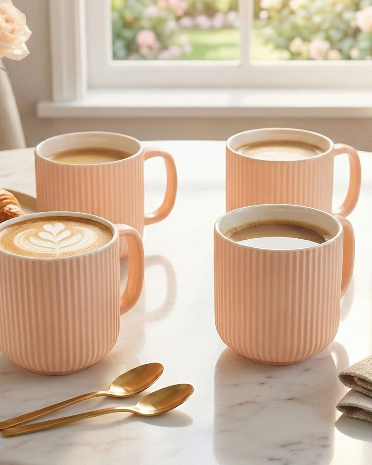 Misty Rose Ribbed New Bone China Coffee Mug Set of 4