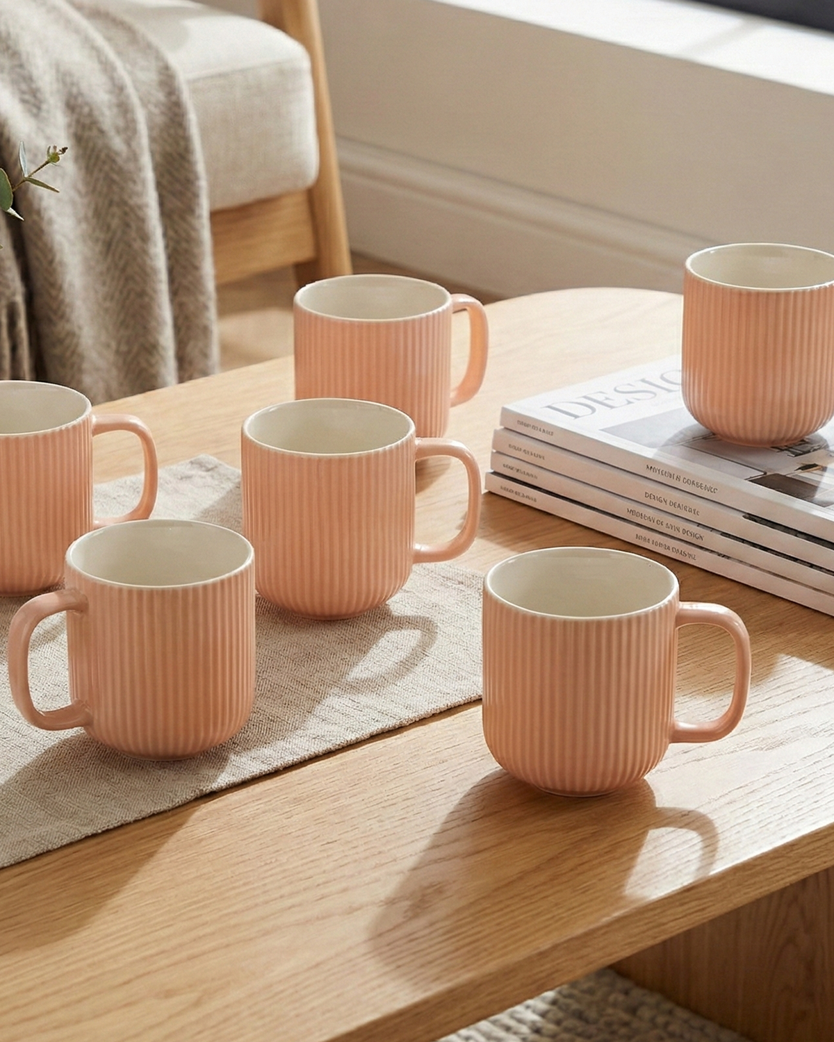 Misty Rose Ribbed New Bone China Coffee Mug Set of 6
