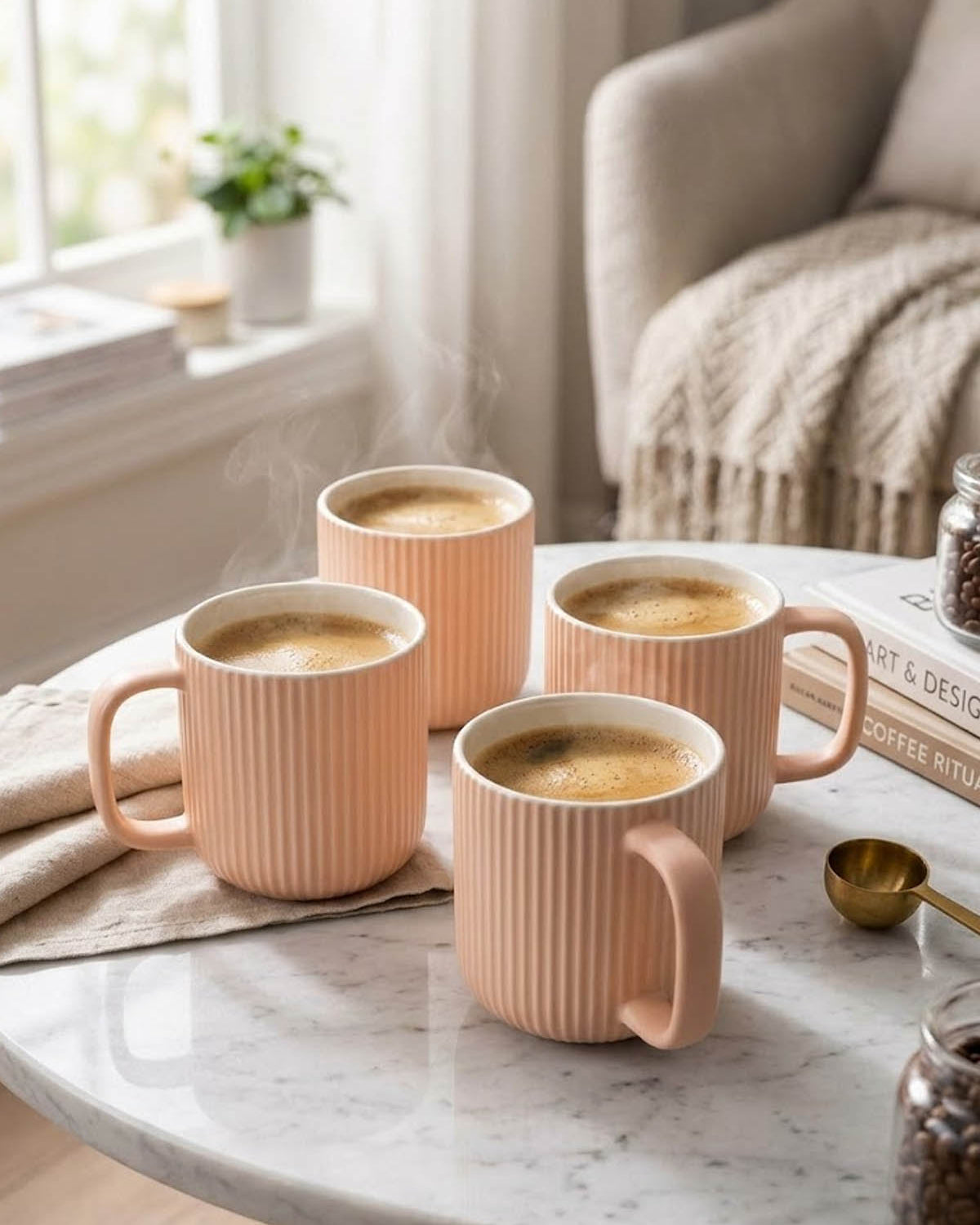 Misty Rose Ribbed New Bone China coffee mug set of 4