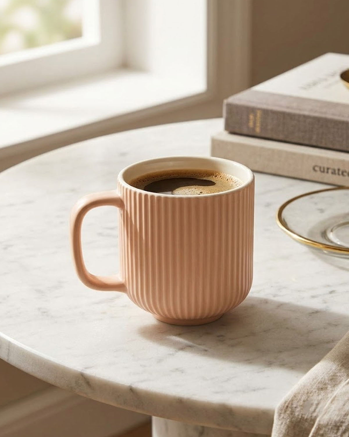 Elegant Misty Rose ribbed bone china coffee mug set