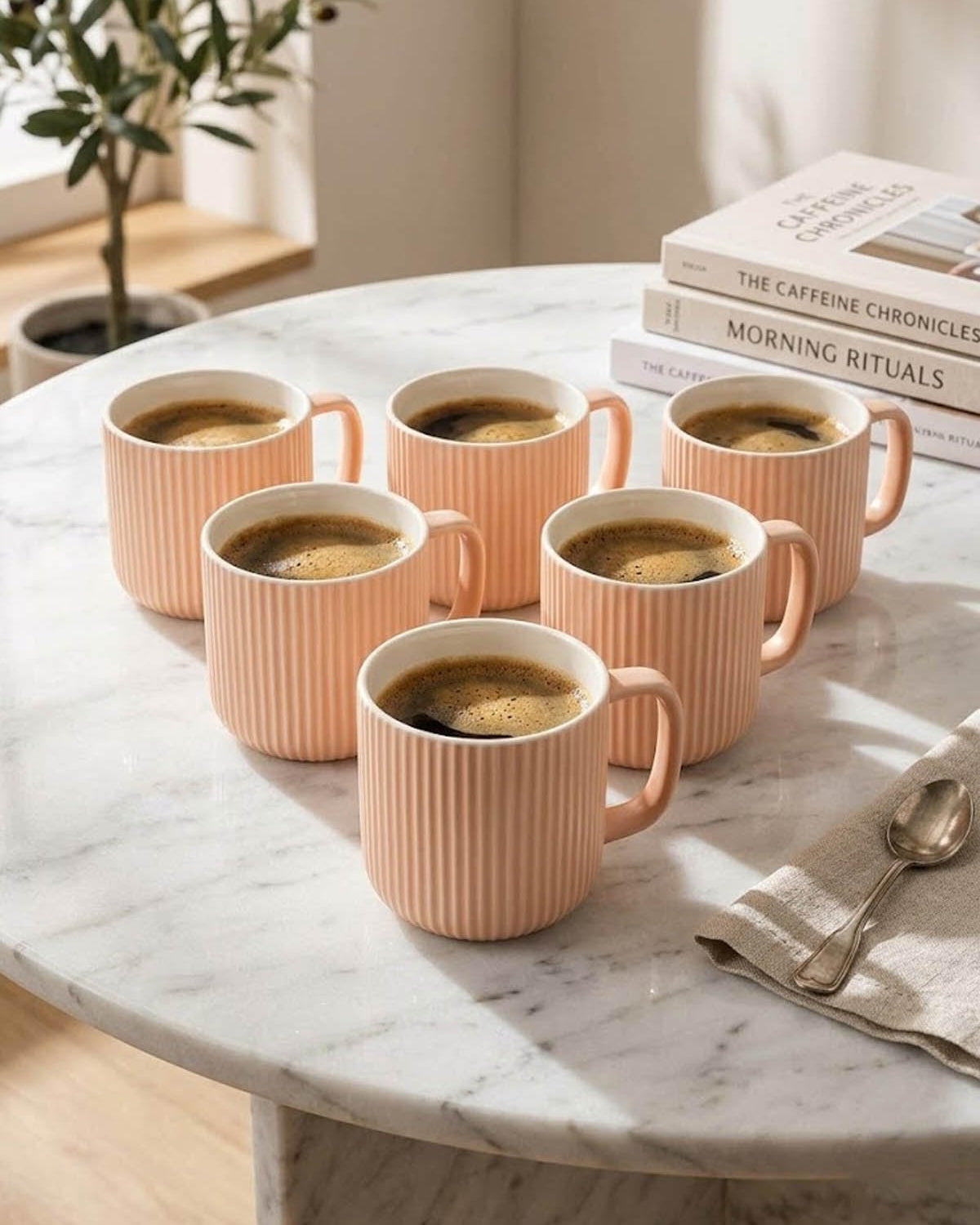 Misty Rose Ribbed New Bone China coffee mug set of 6