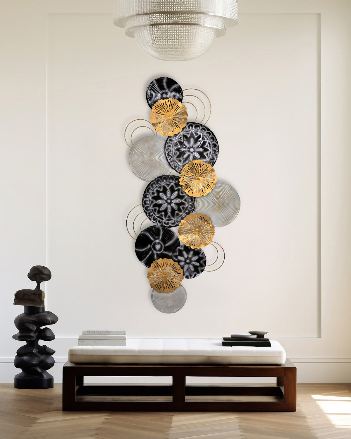Elegant metallic plate wall decor with colourful accents