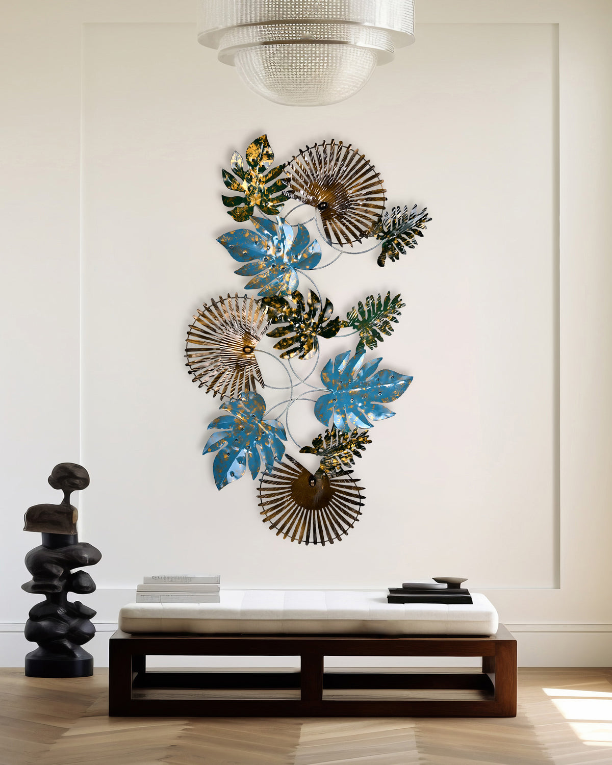Decorative metal wall art featuring graceful natural elements