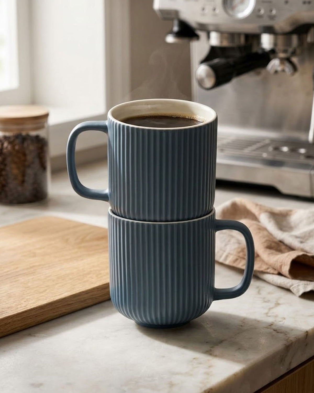 Elegant Oceanic Ribbed bone china coffee mug set