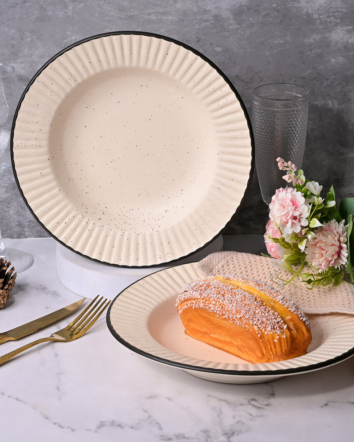 Off-white and black ceramic snack plates set of 2