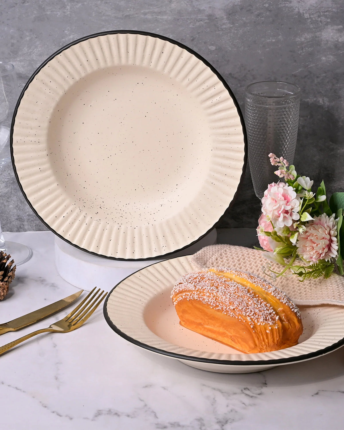 Off-white black ceramic plates for serving snacks