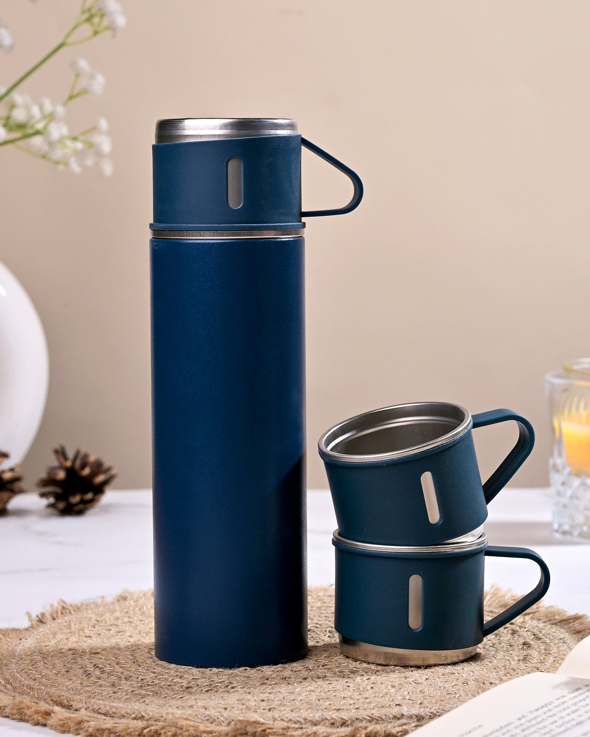 Premium blue stainless steel thermos flask set with elegant design