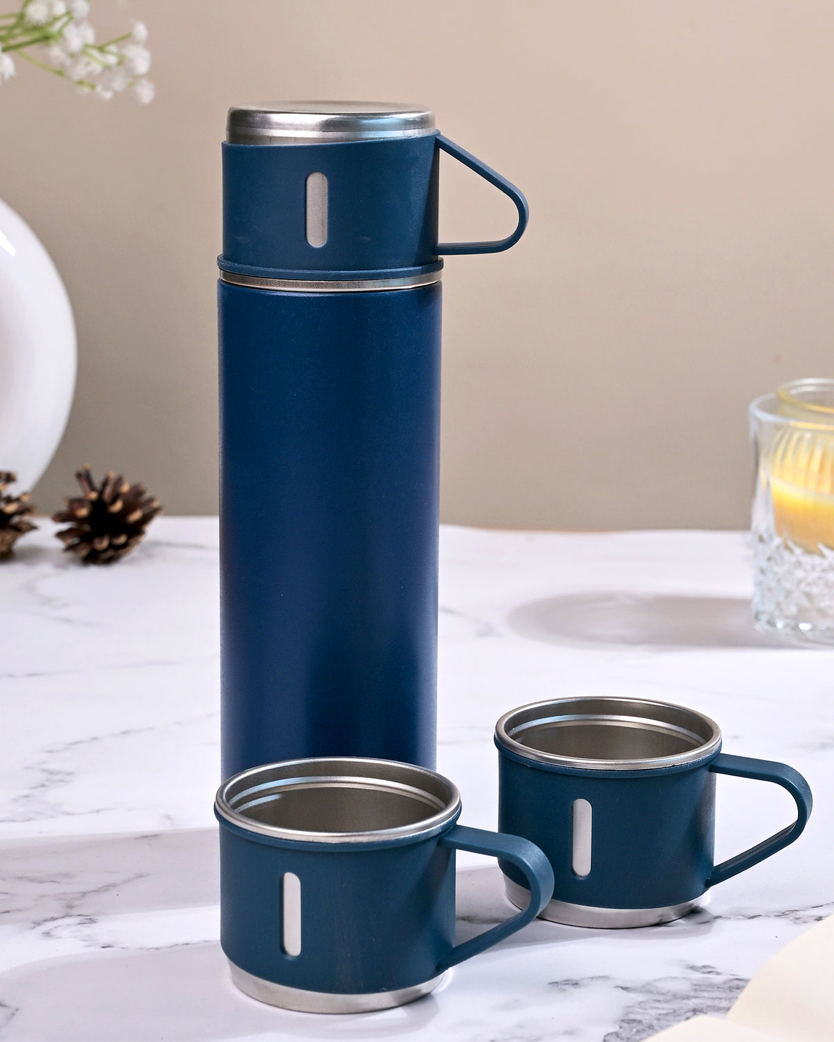 Elegant blue insulated water flask set for travel and outdoor use