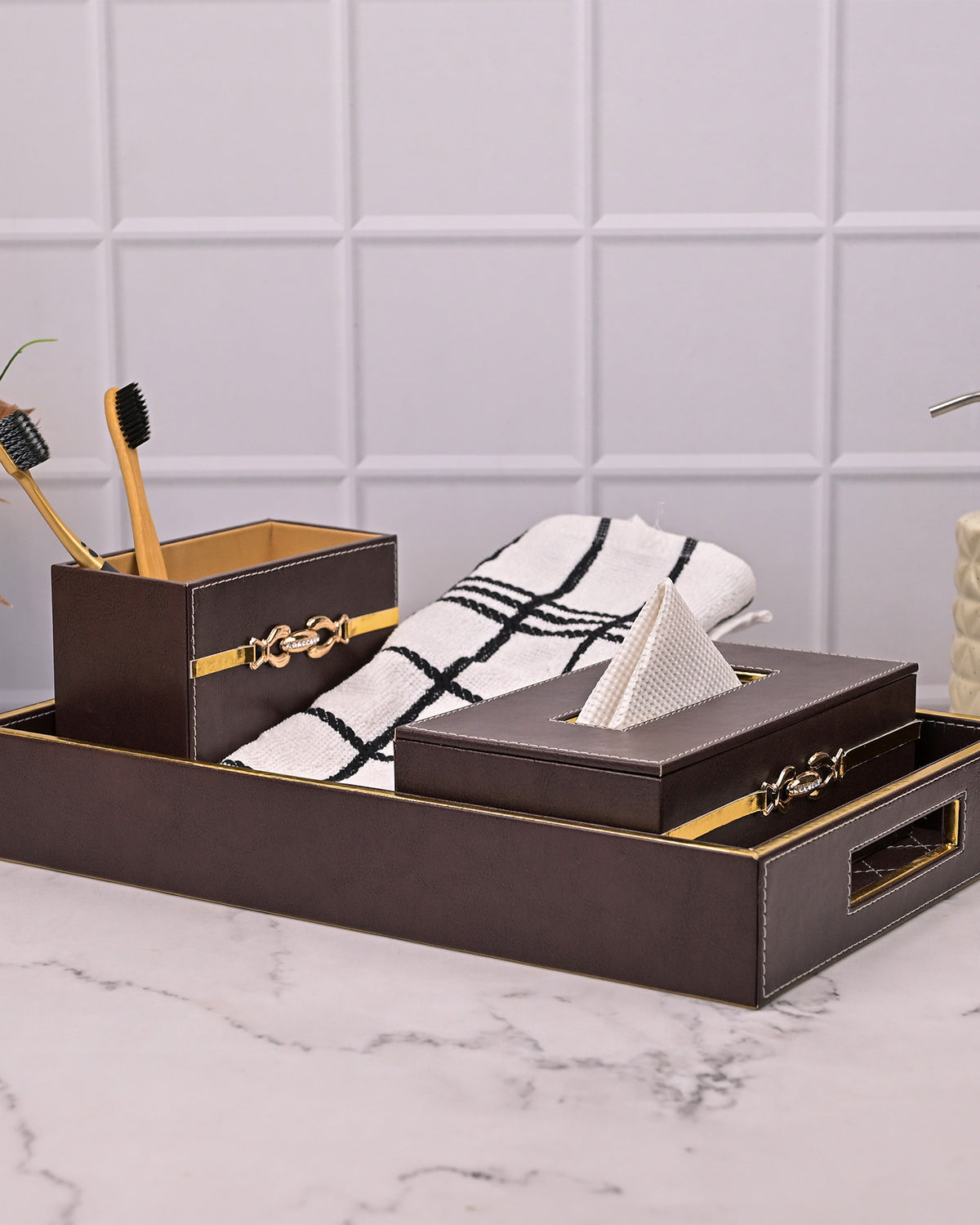Premium maroon leather bathroom accessory set with elegant design