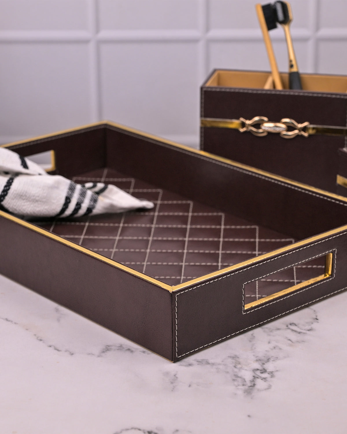 Luxury maroon leather bathroom accessories for sophisticated interiors