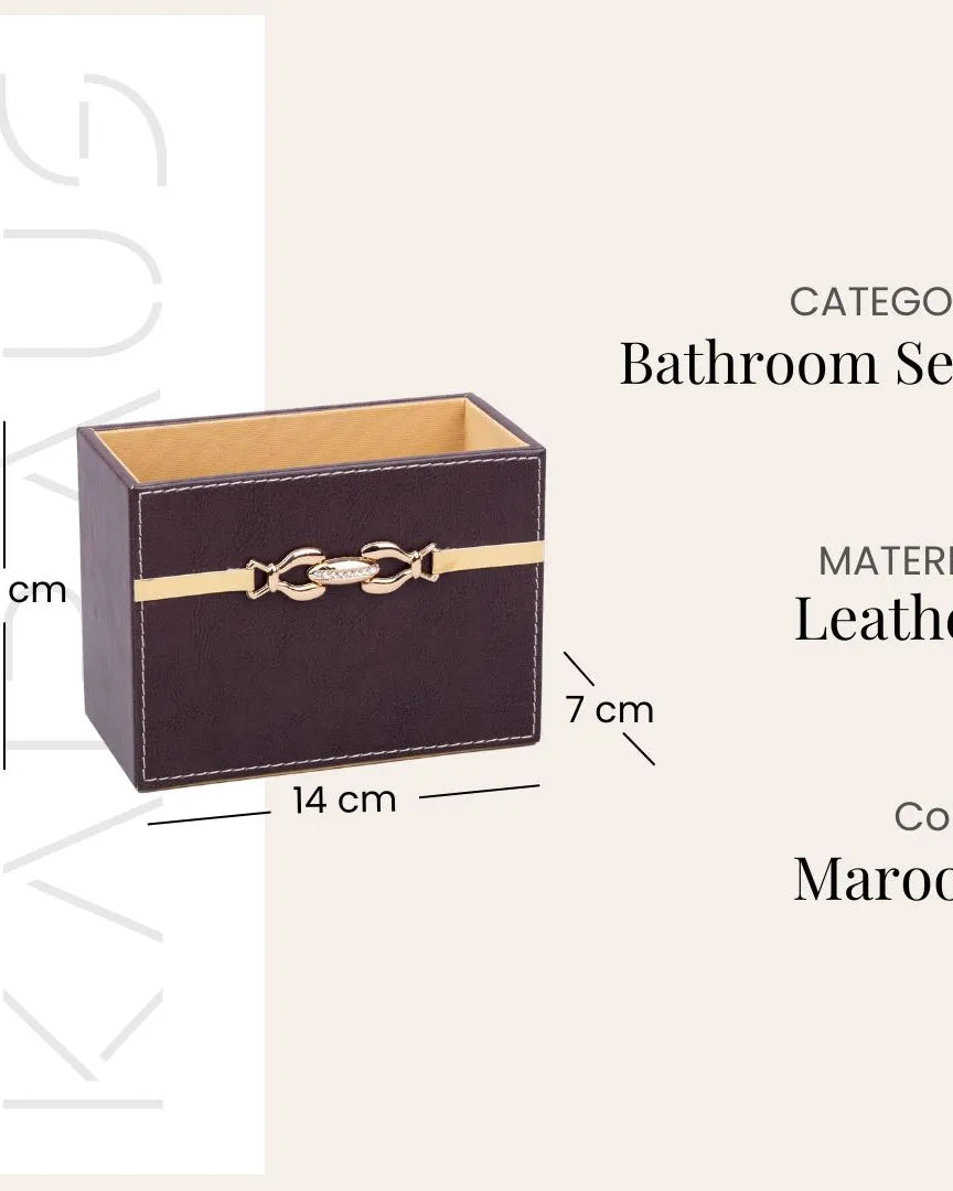 Stylish maroon leather vanity accessory set for bathroom decor