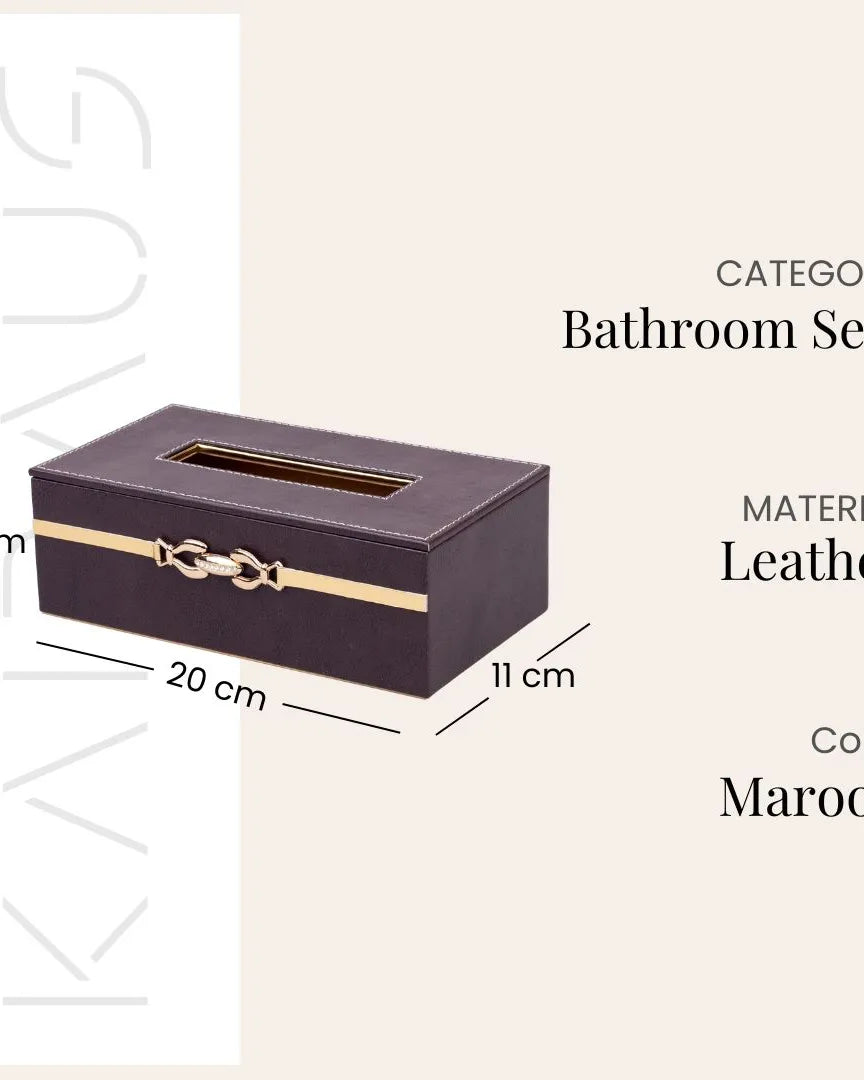 Decorative maroon leather bath accessories with refined detailing