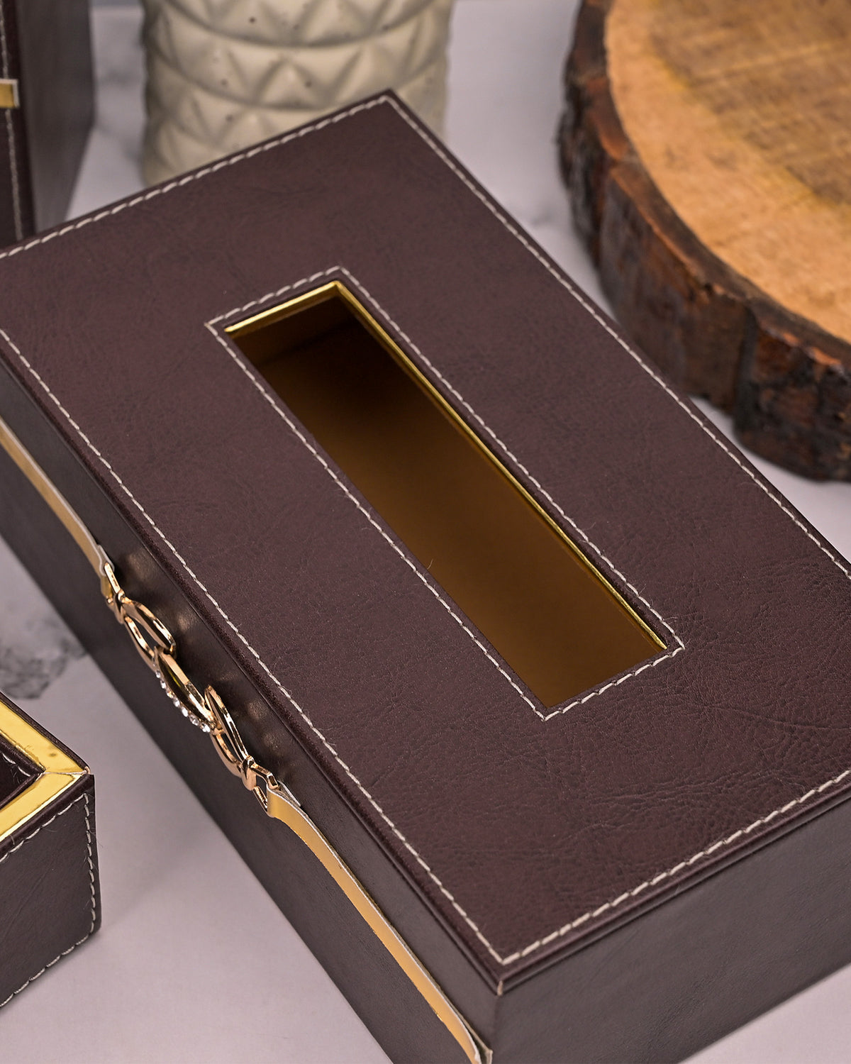 Luxury maroon leather bathroom essentials set for stylish spaces