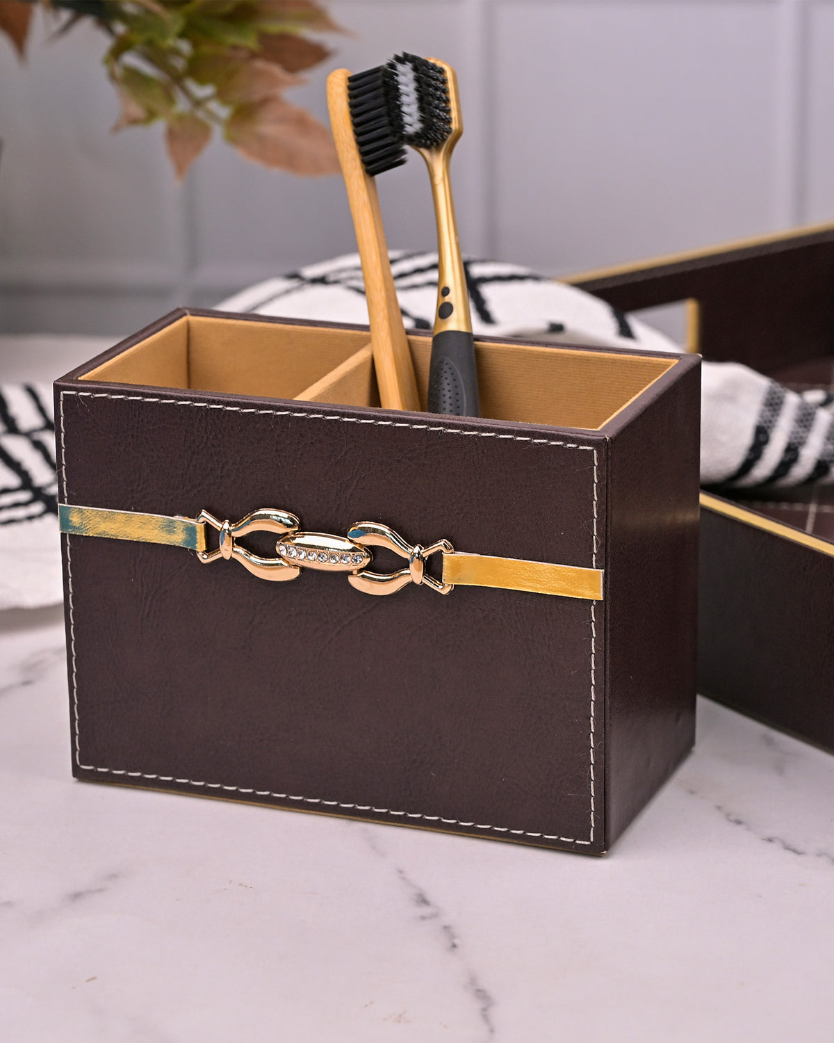 Sophisticated maroon leather bathroom accessory collection