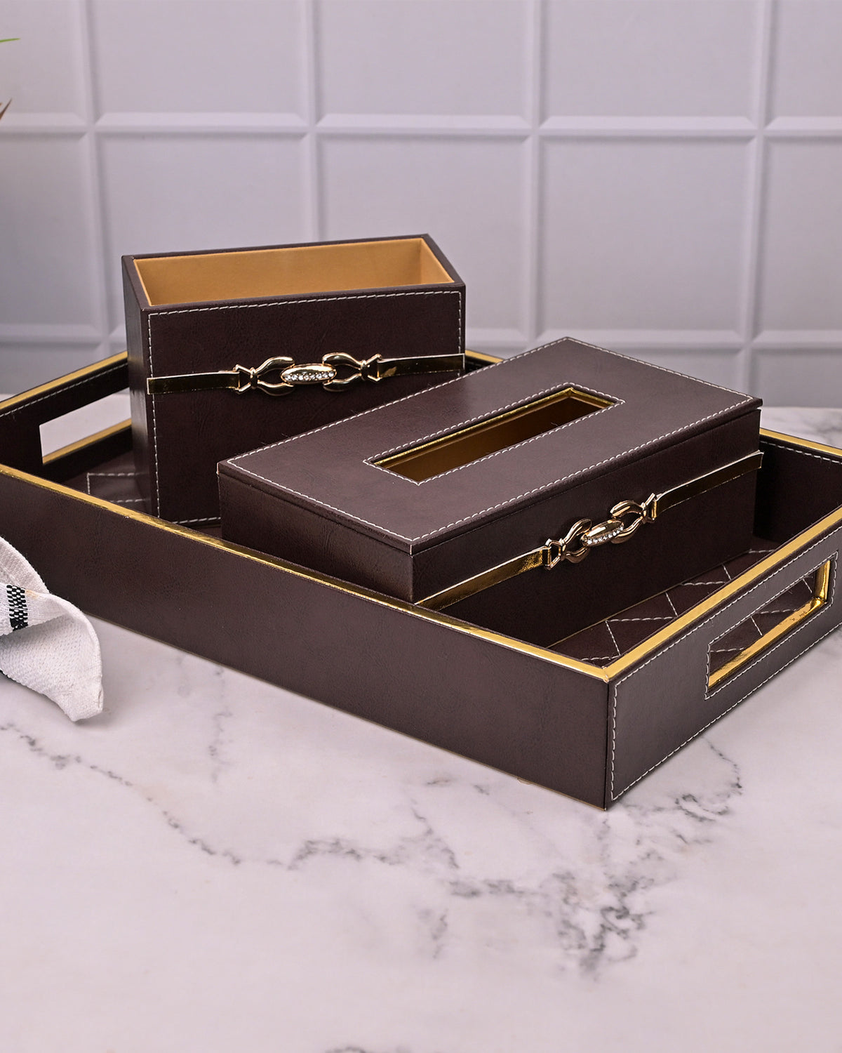 Premium maroon leather vanity set with coordinated accessories