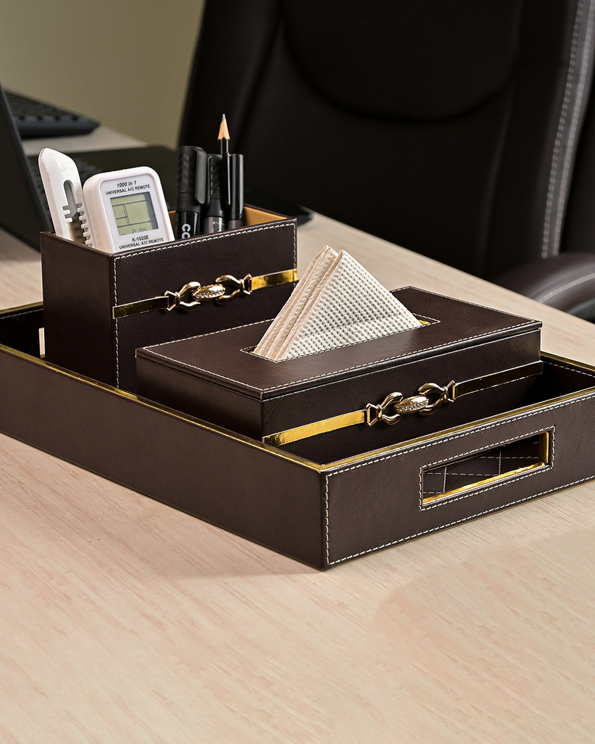 Premium maroon leather desk organiser set for office decor