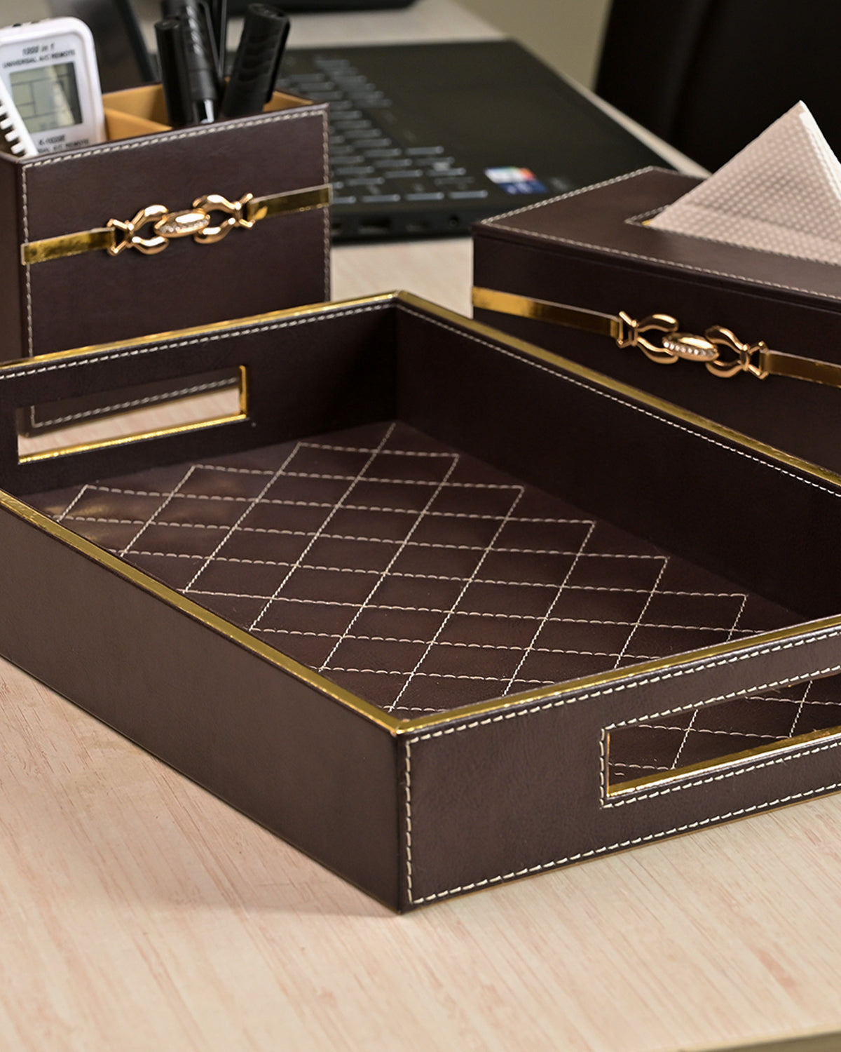 Elegant maroon leather desk organiser with multiple compartments