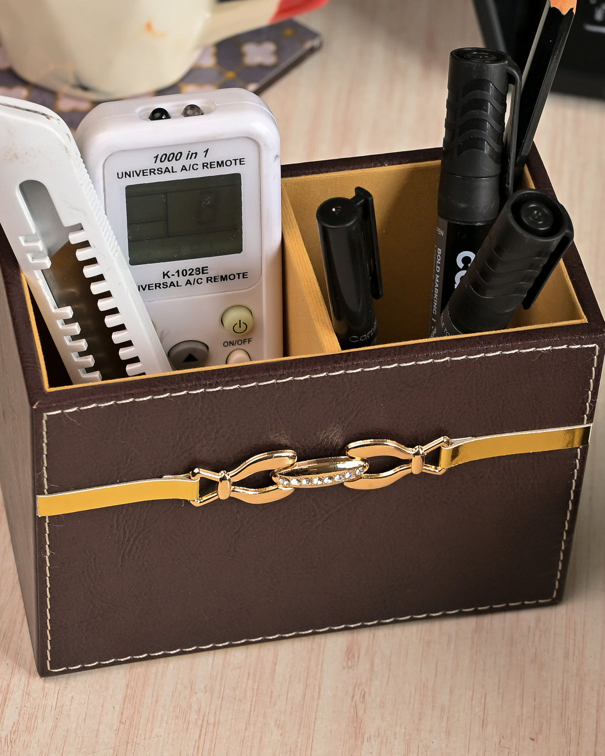 Luxury maroon leather desk organiser for executive workspace
