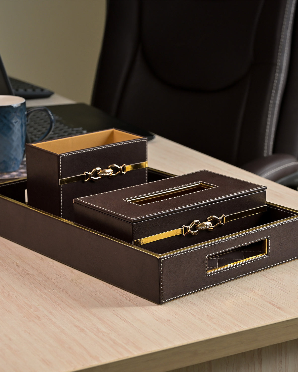 Sophisticated maroon leather desk storage organiser set