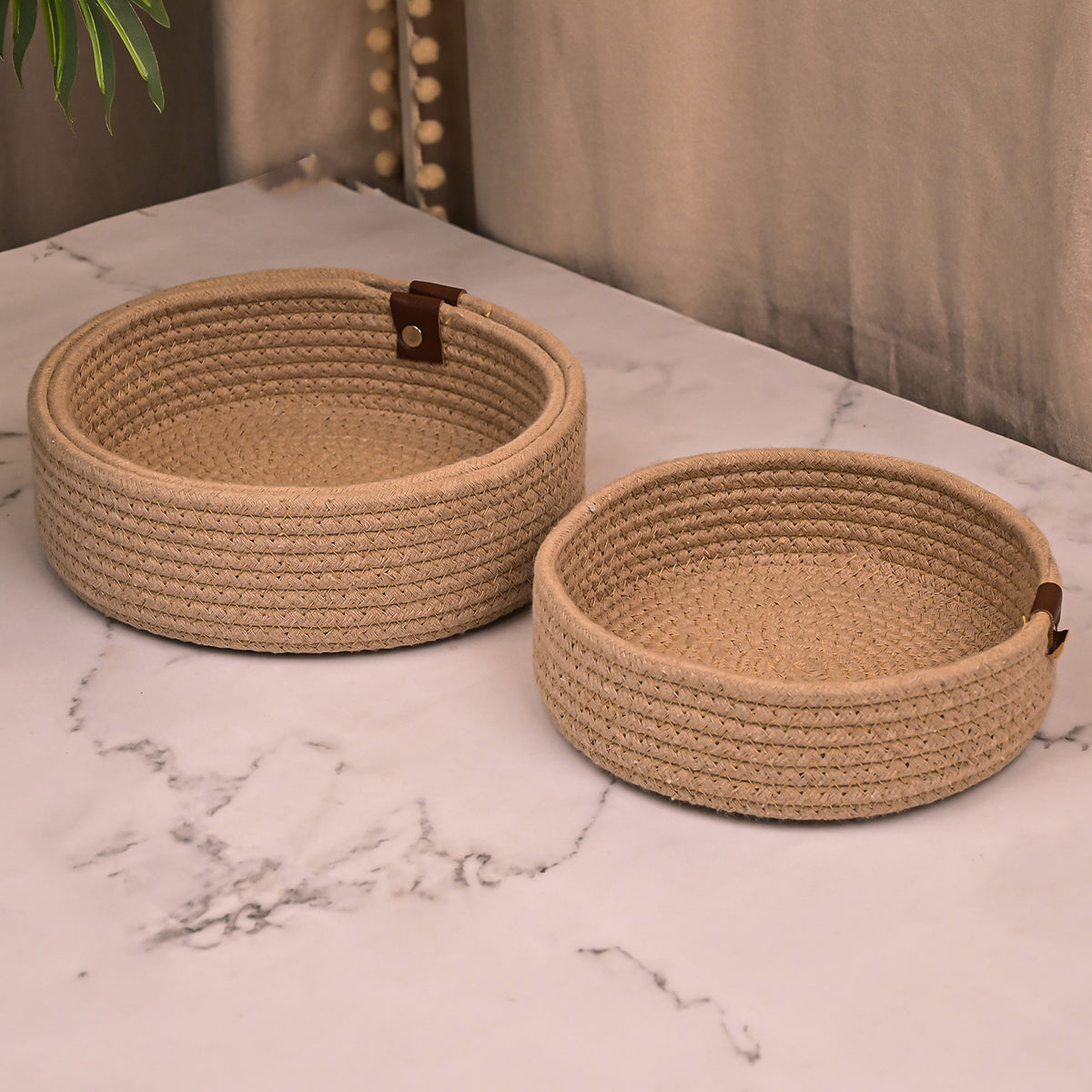 Natural fiber round basket set for household storage