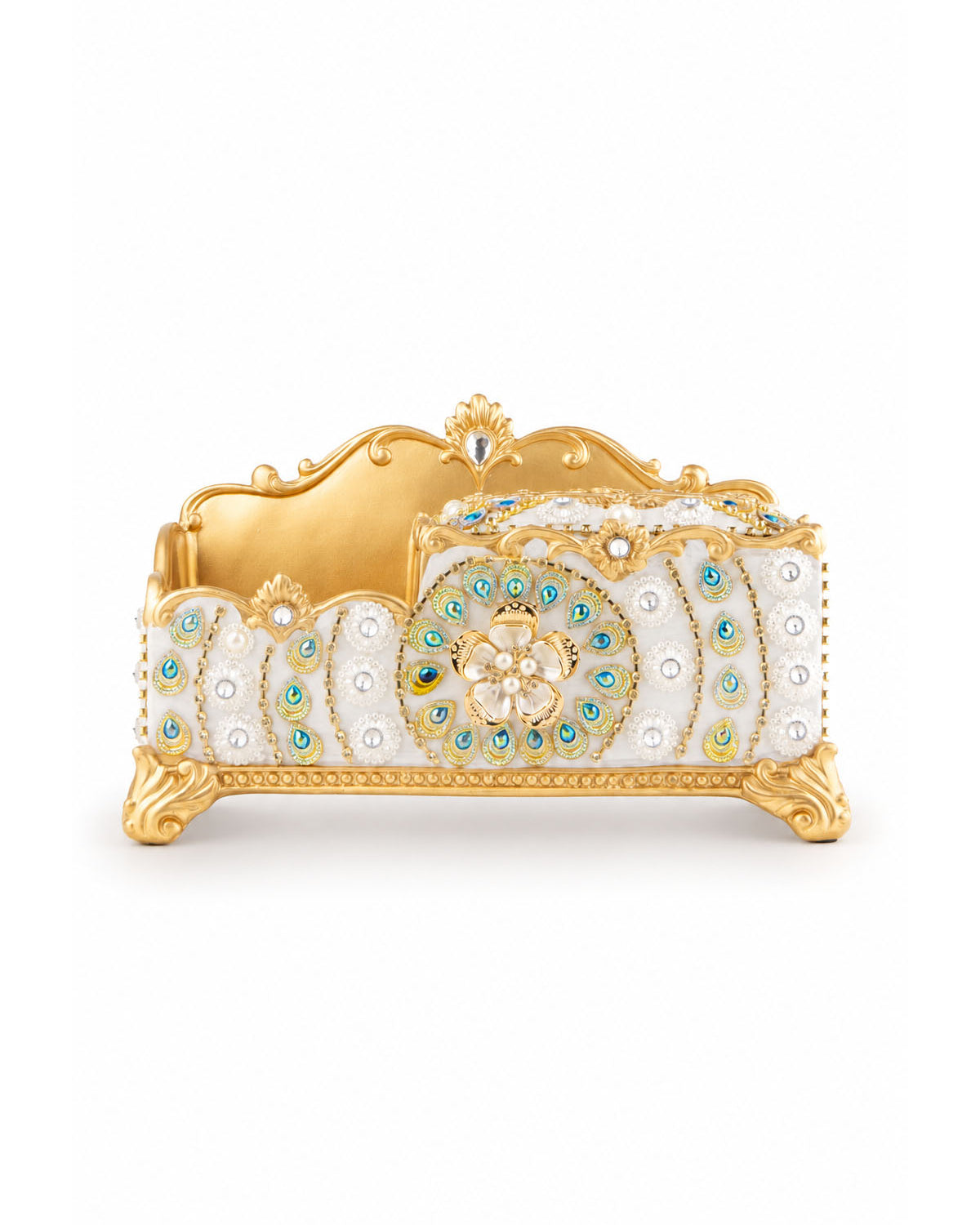 Decorative European tissue holder featuring intricate royal detailing
