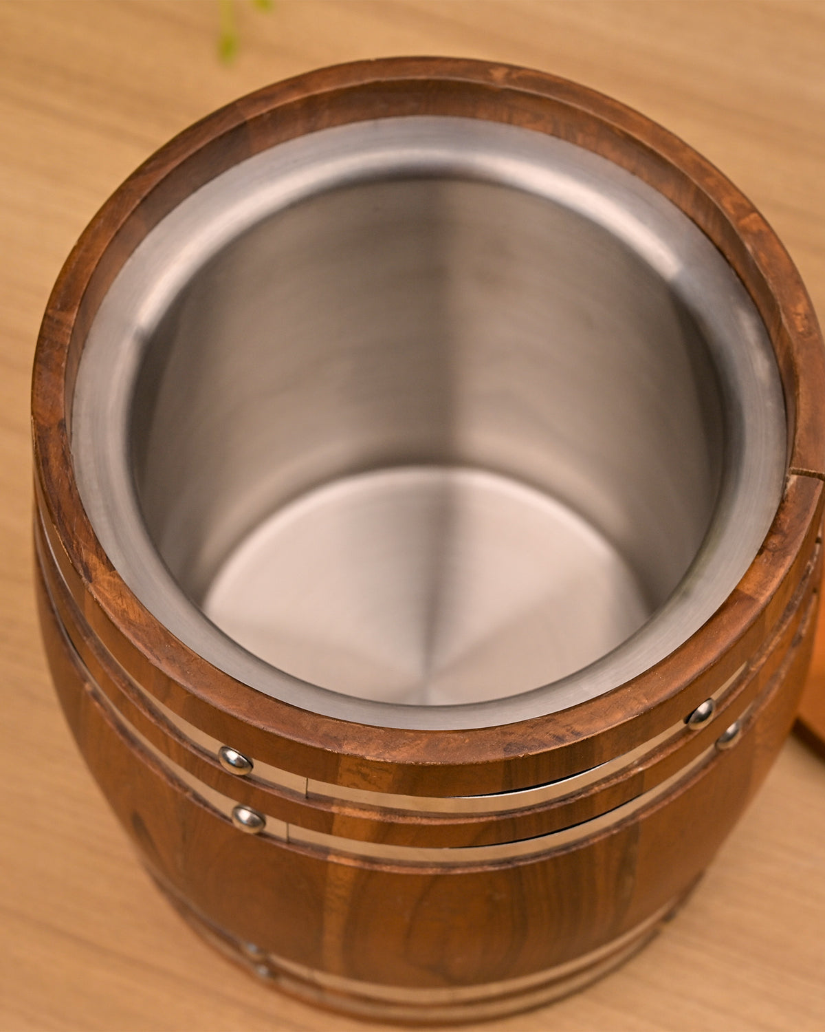 Close-Up of Rustic Wooden Ice Bucket Showing Wood Texture