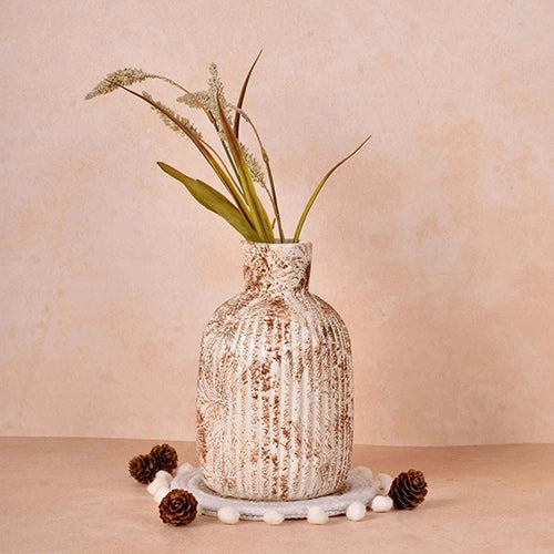Rustic white ceramic vase with a timeless decorative design