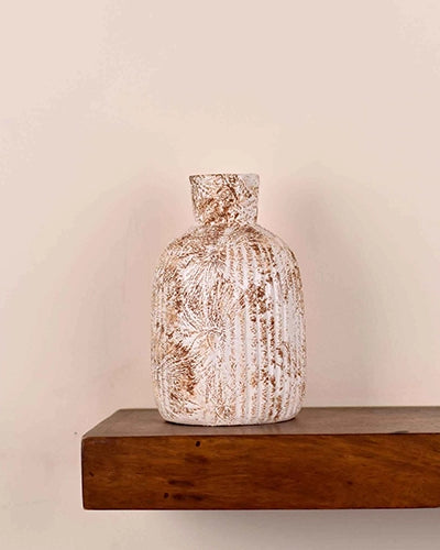 Elegant white rustic vase for shelf and table decor