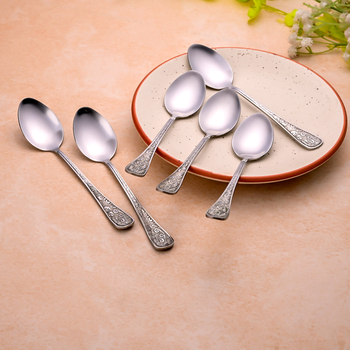 Silver Blossom Tea Spoon Set – Stylish Silver Finish for Modern Dining