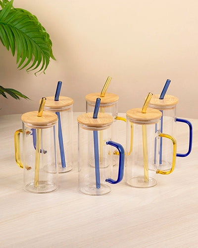 Sipper glasses with wooden lids set of 6