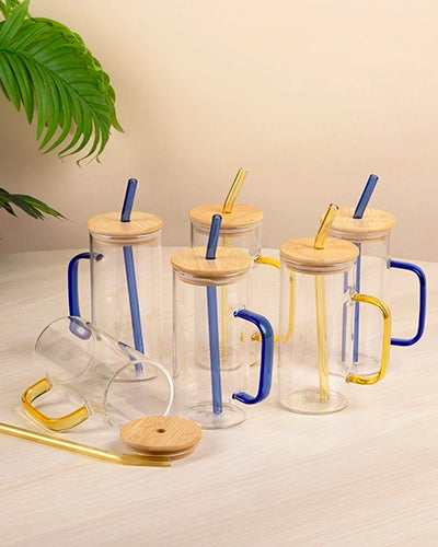 Set of six glass sippers with wooden lids