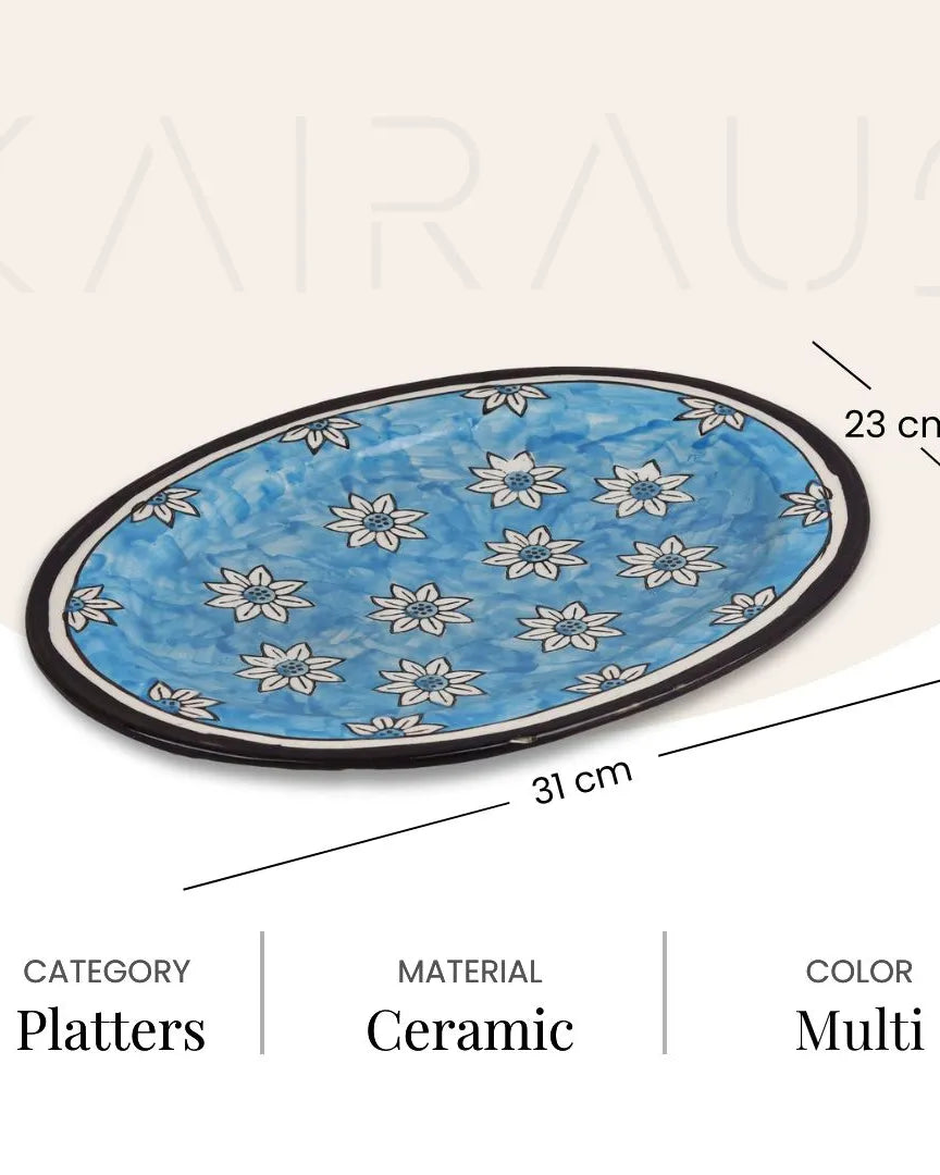 Hand-painted sky blue floral serving platter