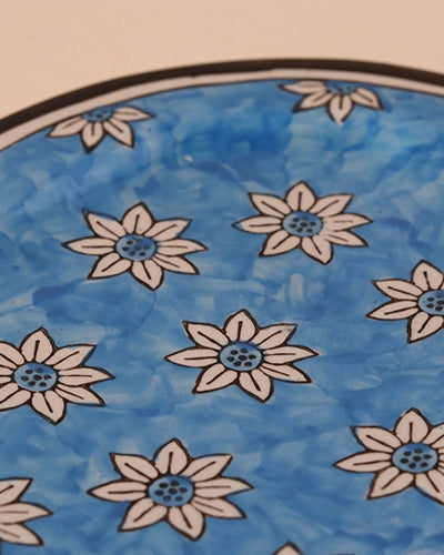 Sky blue ceramic platter with hand-painted floral design