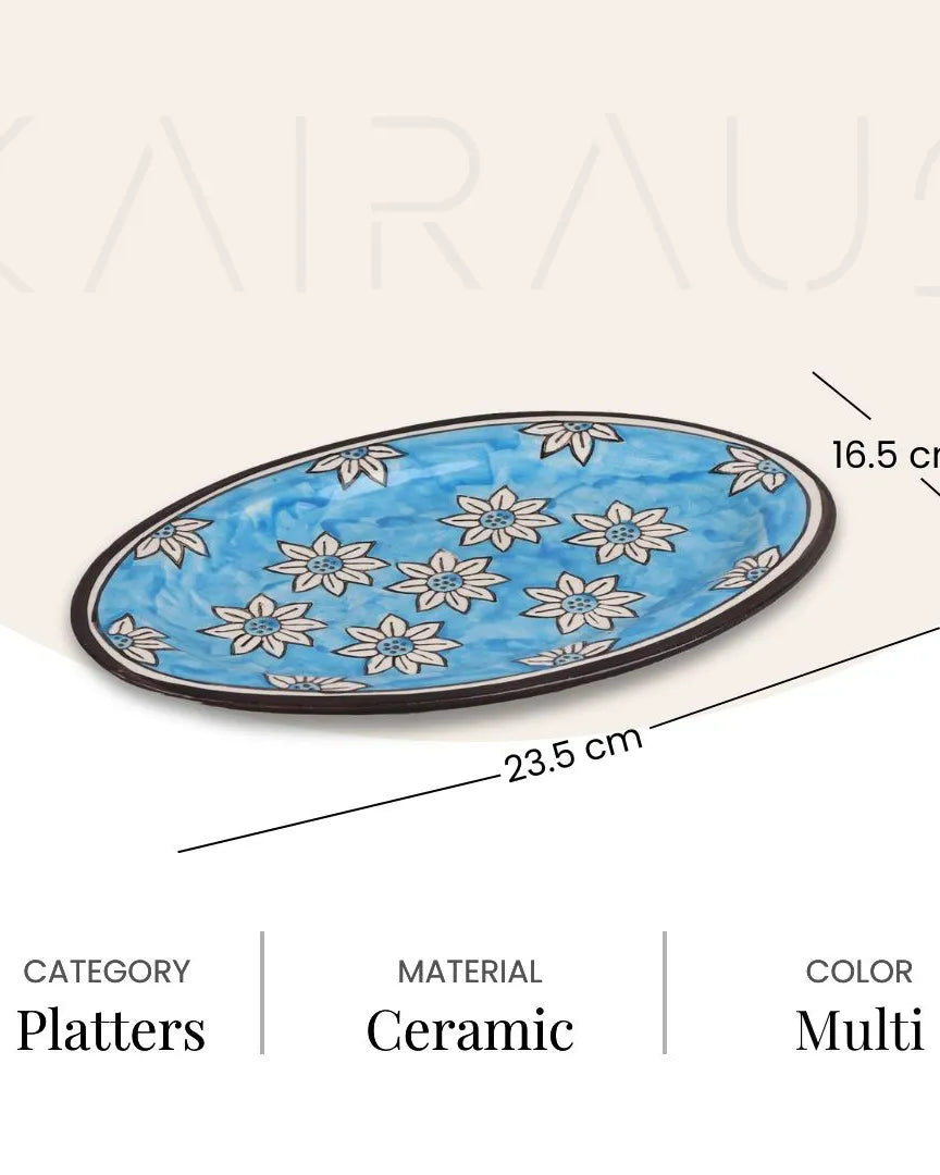Hand-painted sky blue floral serving platter
