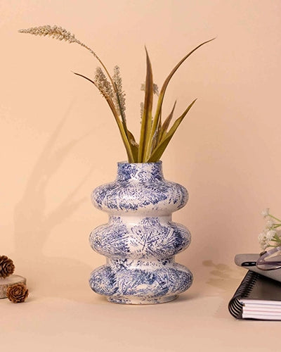Slate blue tri-ring ceramic vase with modern sculptural design