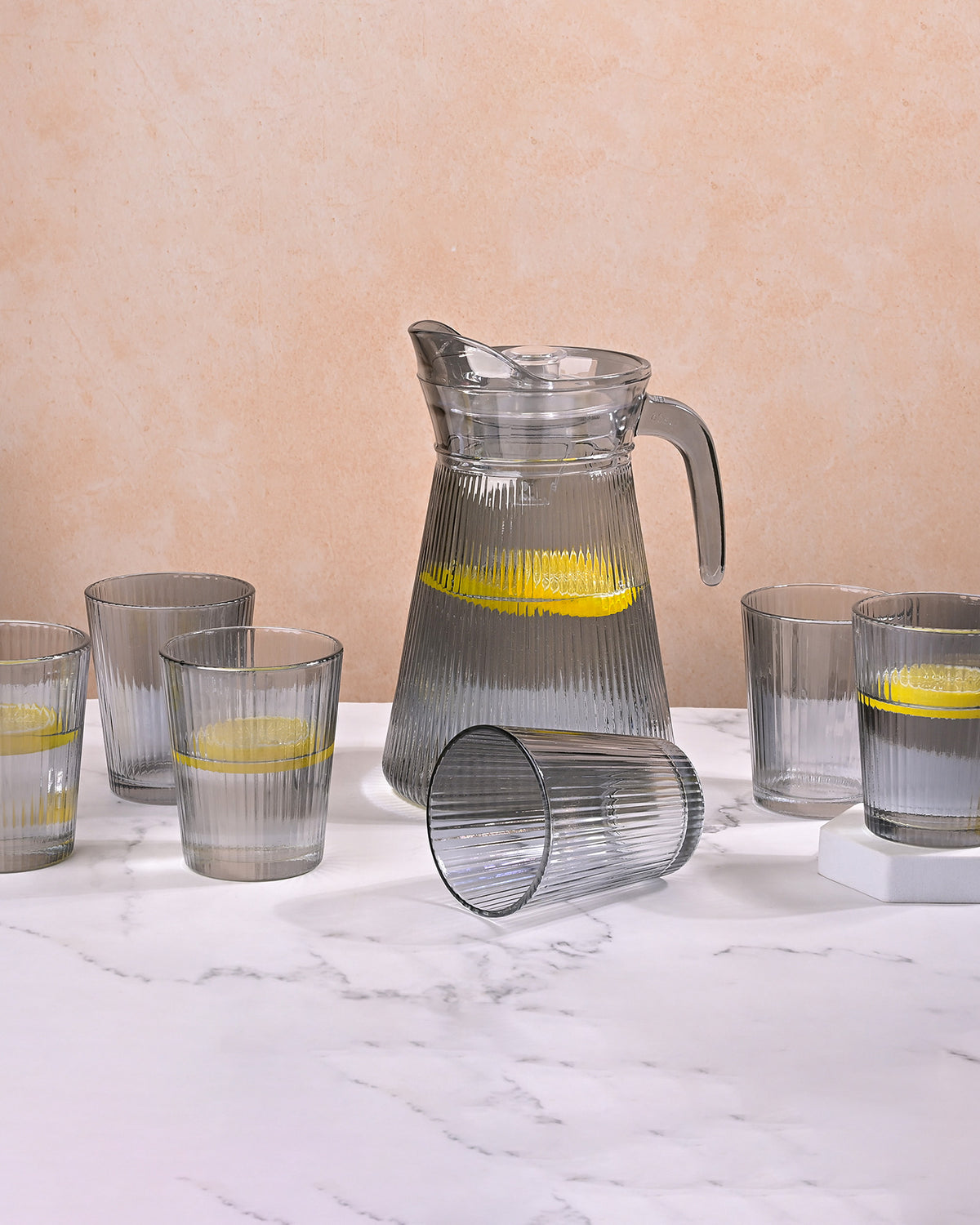 Smoke grey glass jug set with an elegant modern design