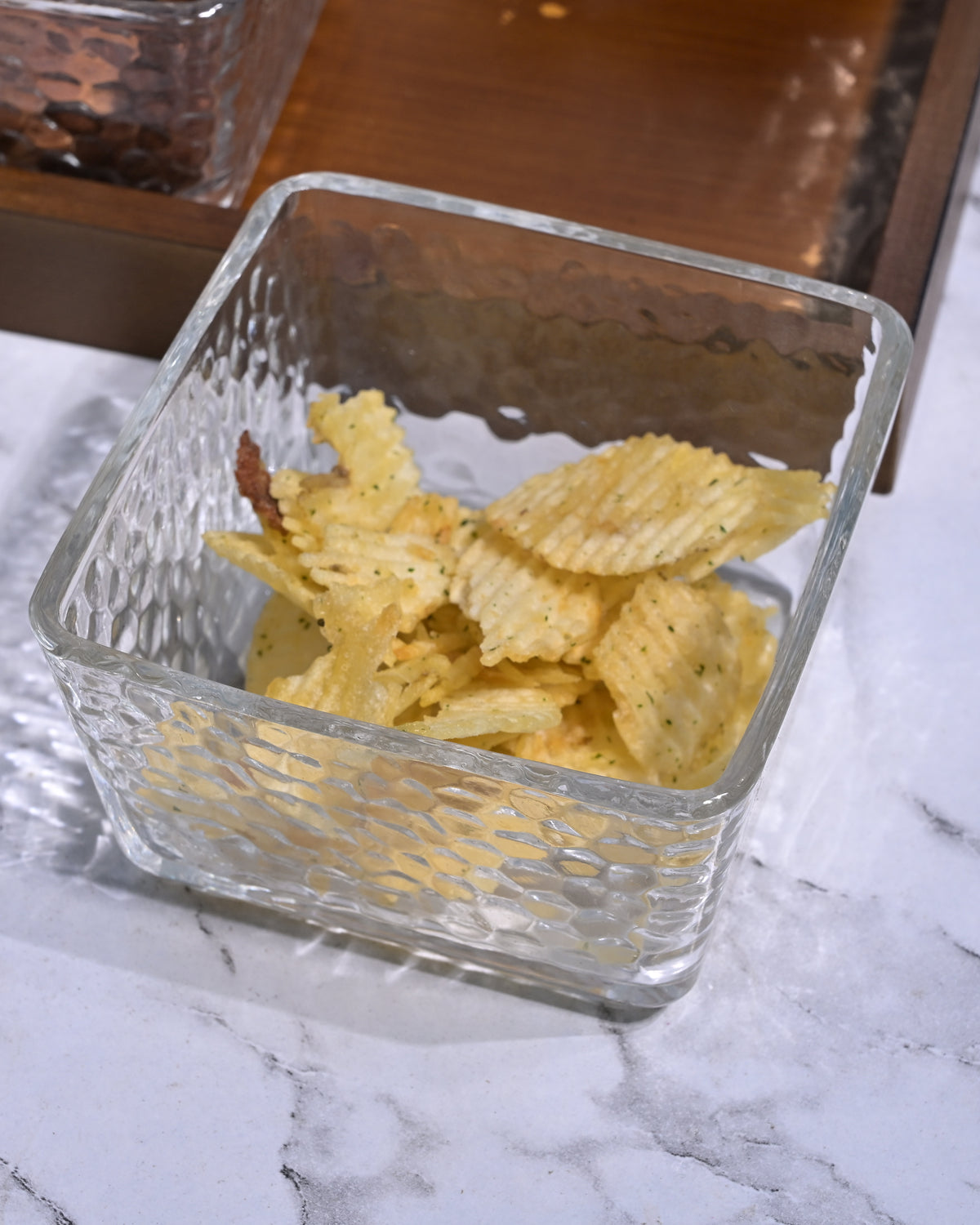 Sparkling glass bowl and tray close-up