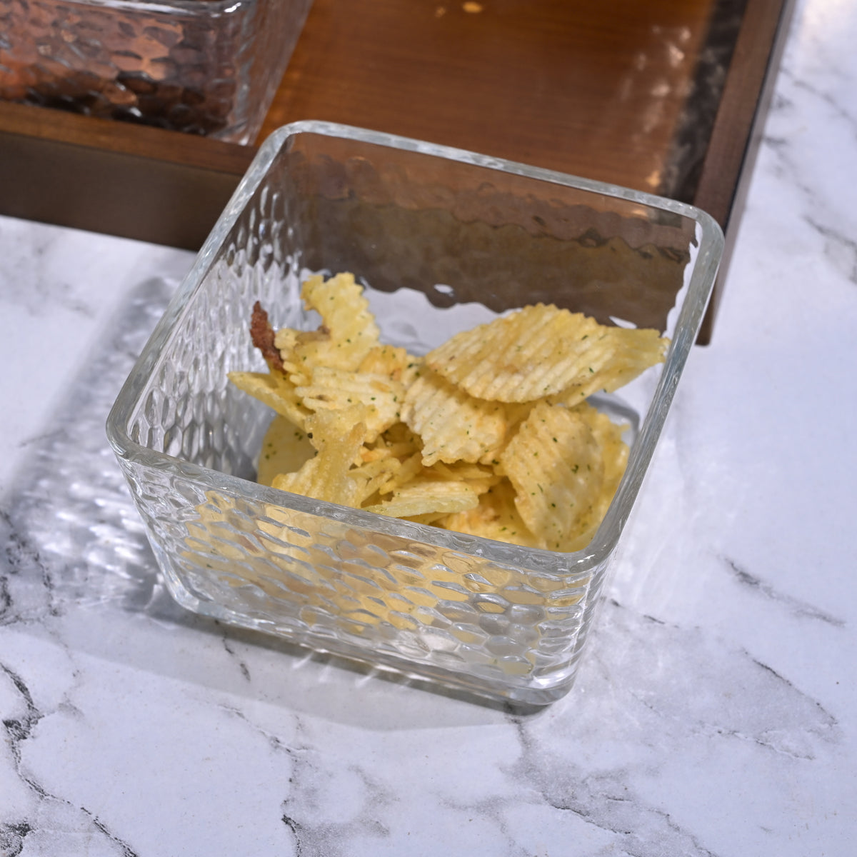 Sparkling glass bowl and tray close-up