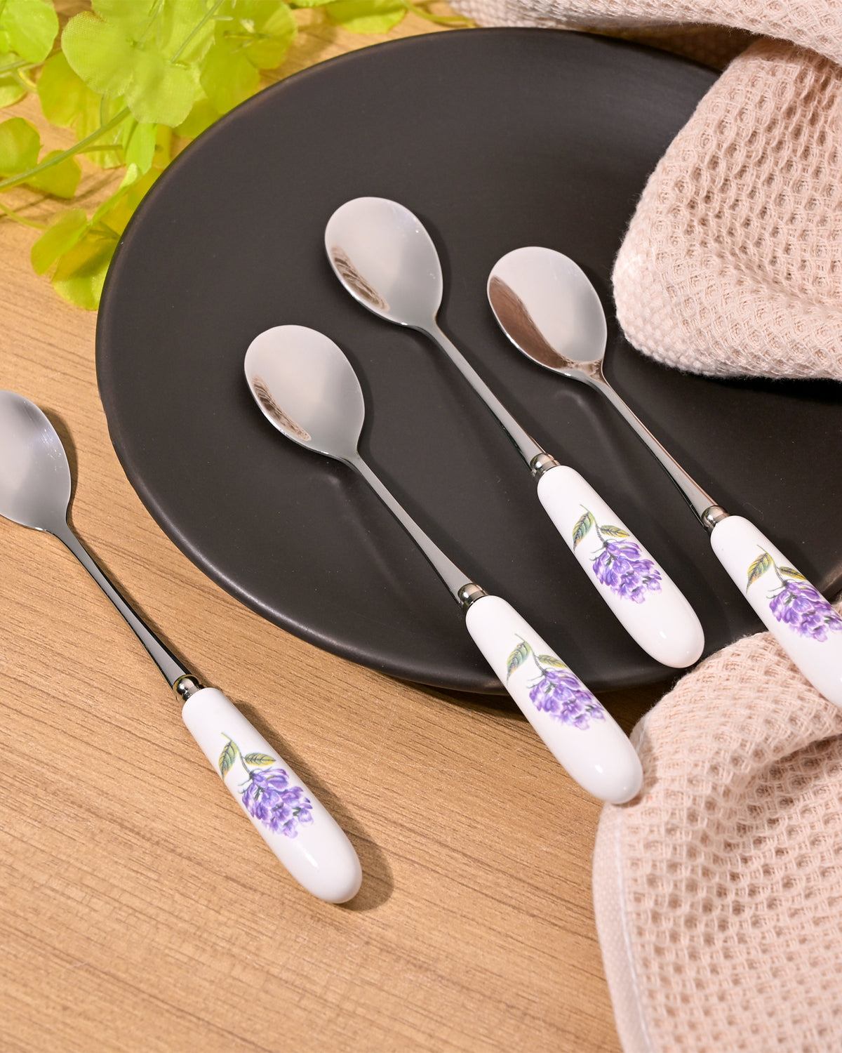 Stylish lavender bloom ceramic-handled dessert spoons set of 4