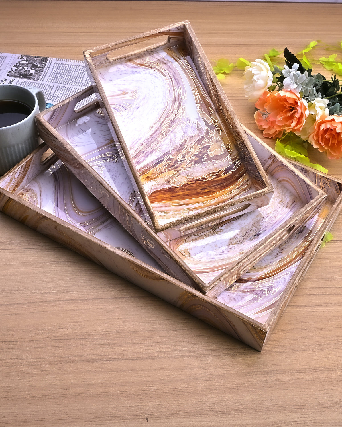 Swirling Marble wooden tray set of 3