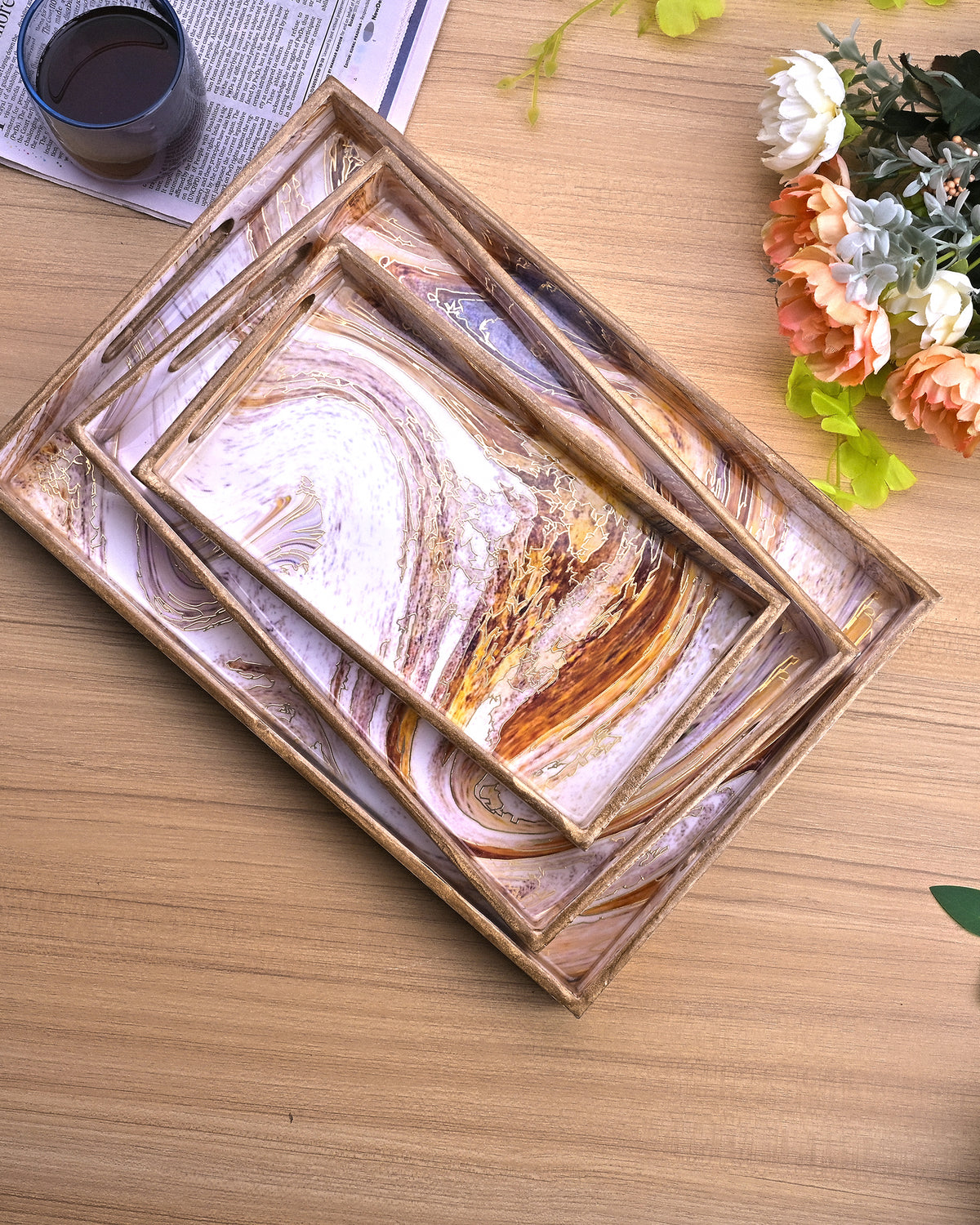 Elegant marble-patterned wooden trays set of three