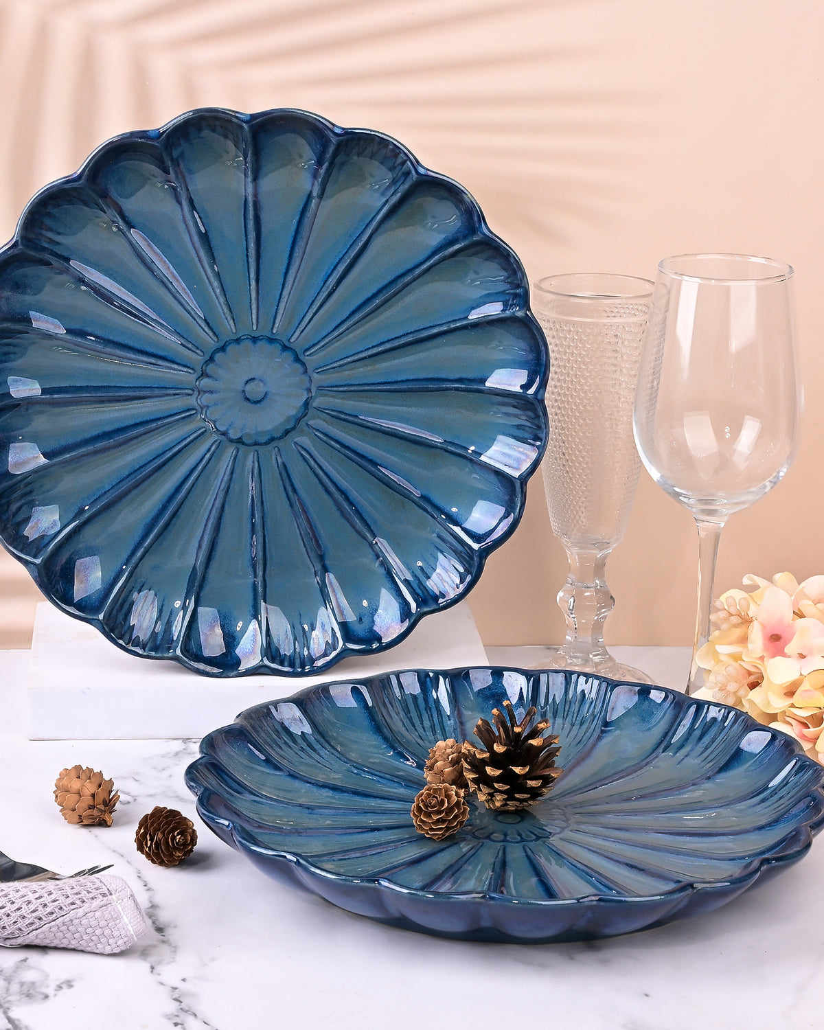 Teal blue flower shaped plates set of 2