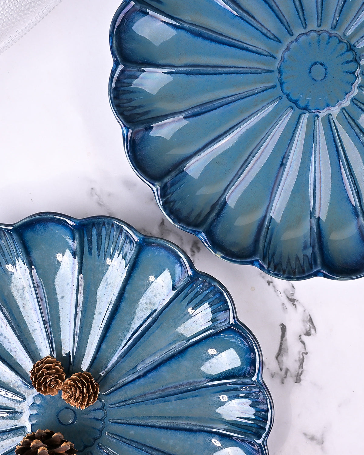 Set of 2 teal blue flower shaped ceramic plates
