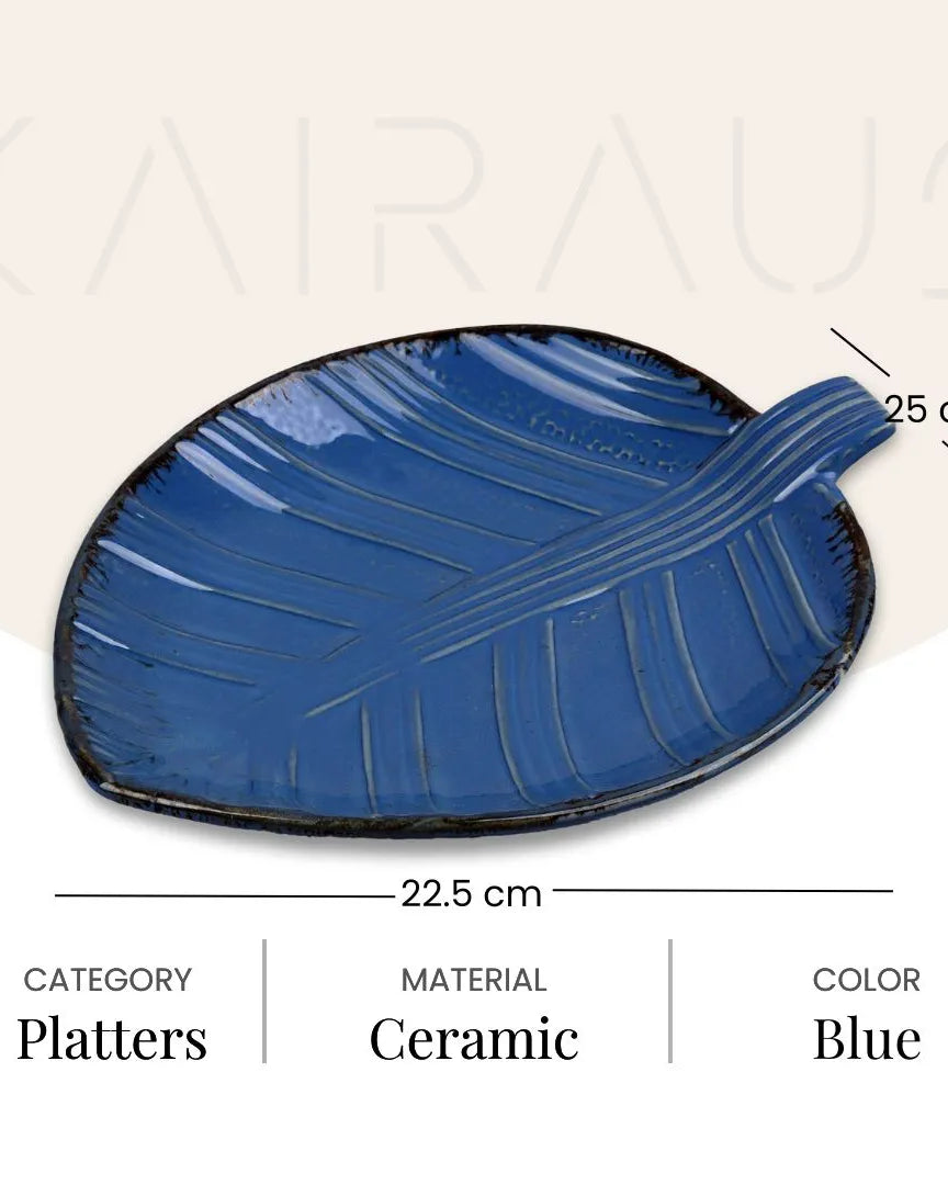 Teal leaf patterned serving platter for dining