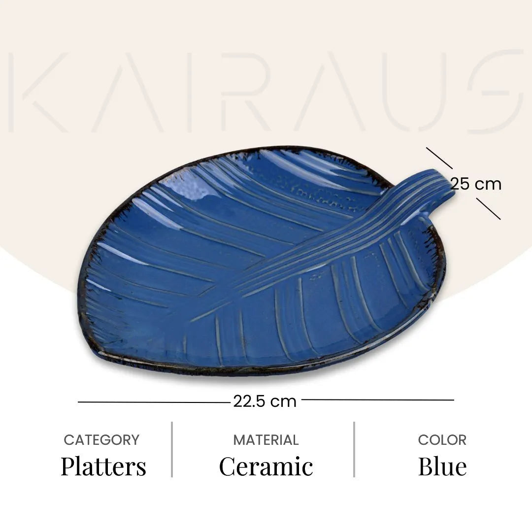 Teal leaf patterned serving platter for dining