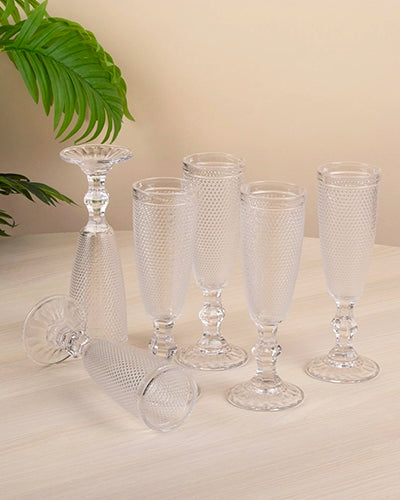 Set of six textured clear stem glasses