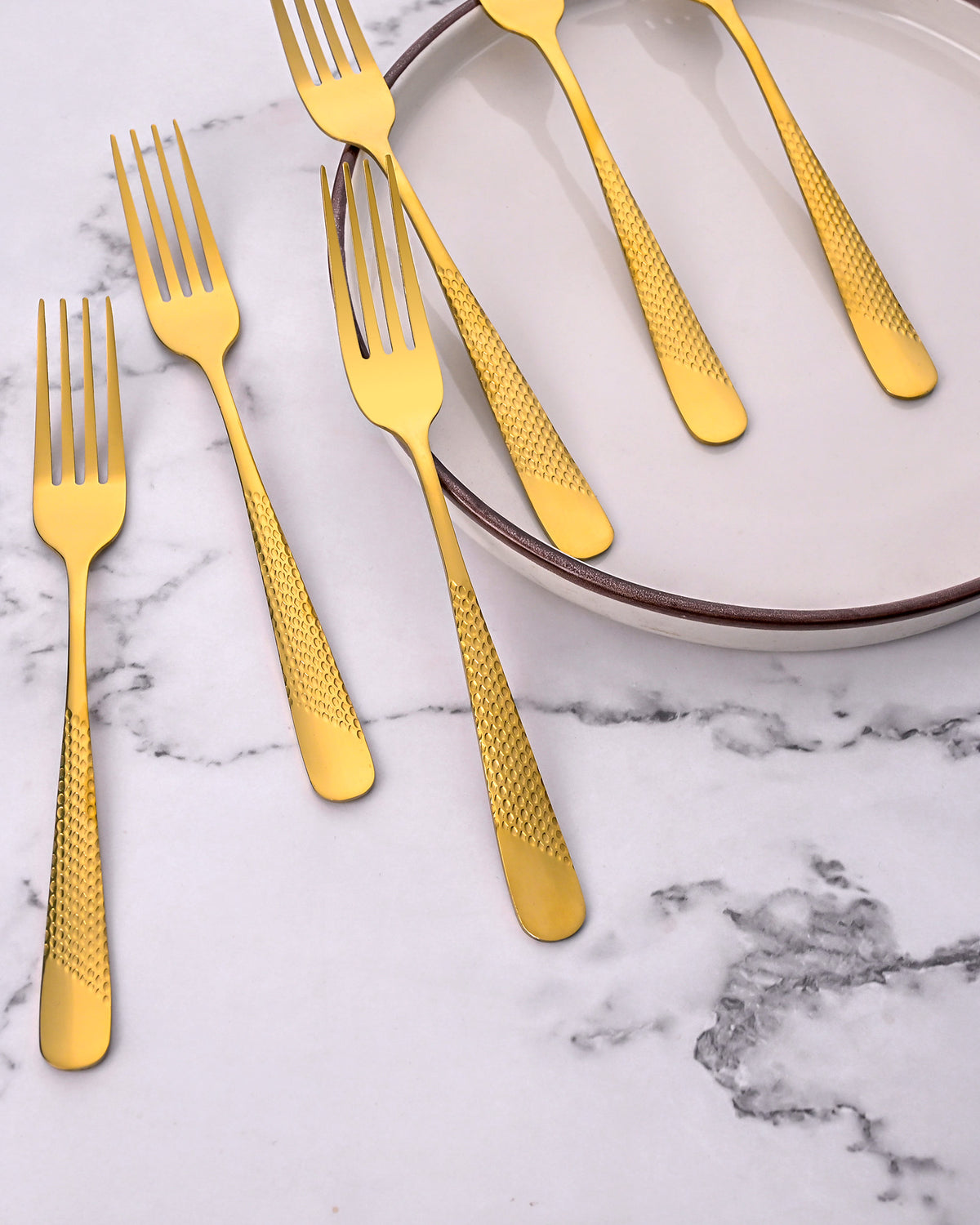 Timeless Golden Forks Set of 6 Displayed with Elegant Tableware