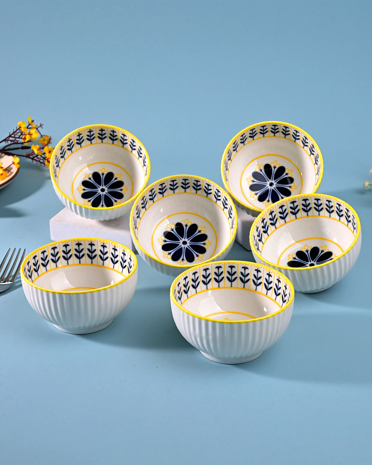 Set of 6 unique floral patterned porcelain bowls