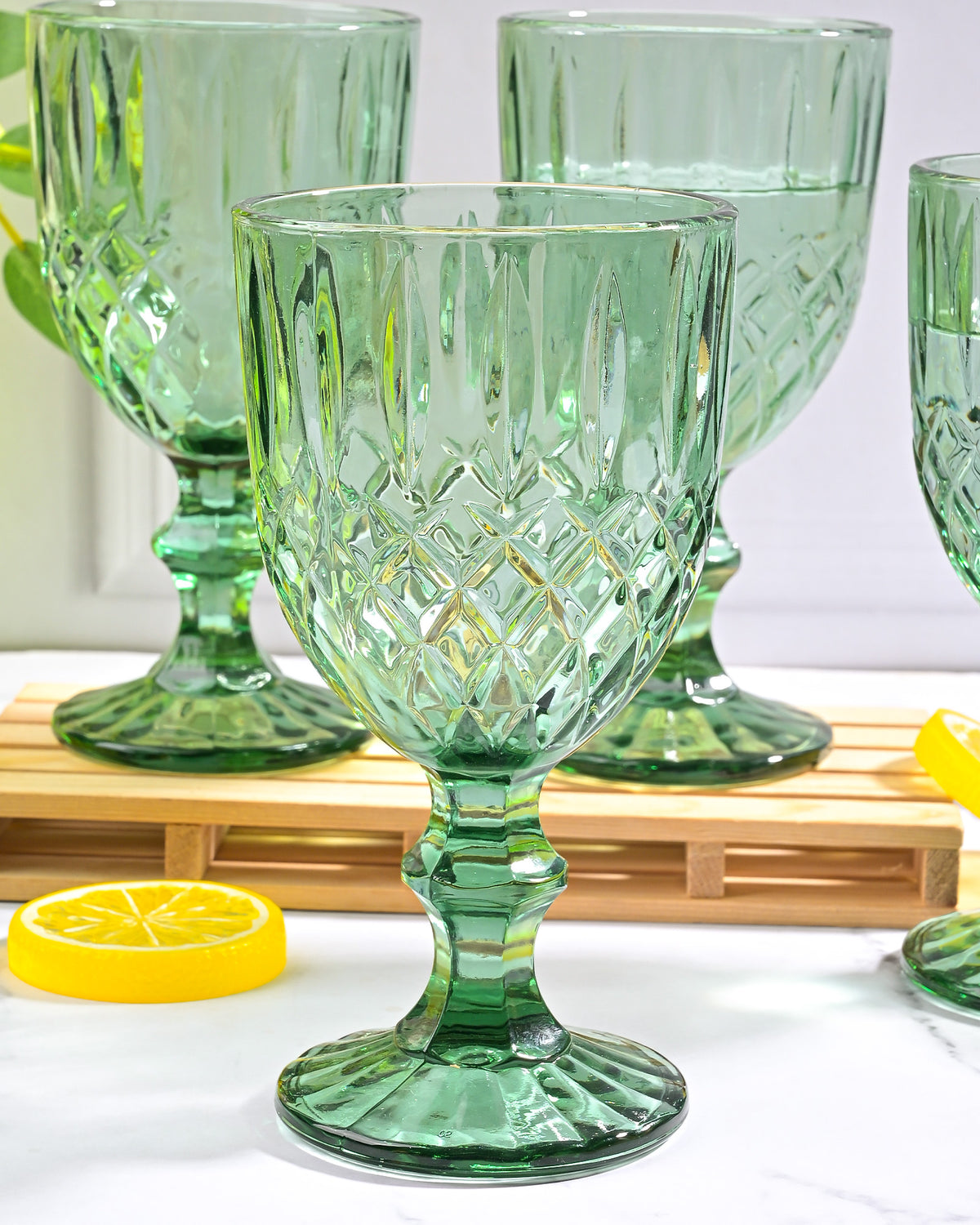 Six vintage diamond detailing glasses arranged together