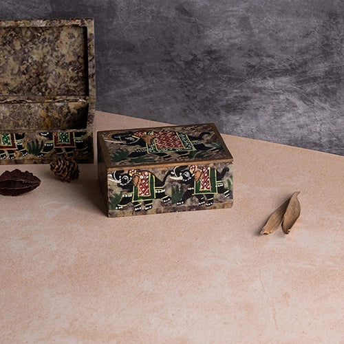 Vintage elephant pattern marble jewelry box with intricate detailing